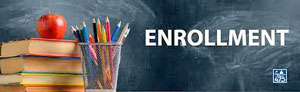 Enrollment banner with books, pencils, apple
