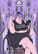 A digital portrait of a large white woman with blue/purple dyed hair in a ponytail. She is wearing a crop top that reads "The Future Is Accessible" and a black plaid skirt. She is holding up a pen in her right hand while sitting in a wheelchair and holding a pair of forearm crutches. The background is art nouveau-inspired with purple wisteria flowers.