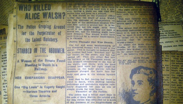 image of an old newspaper with "Who Killed
                Alice Walsh?" as a headline