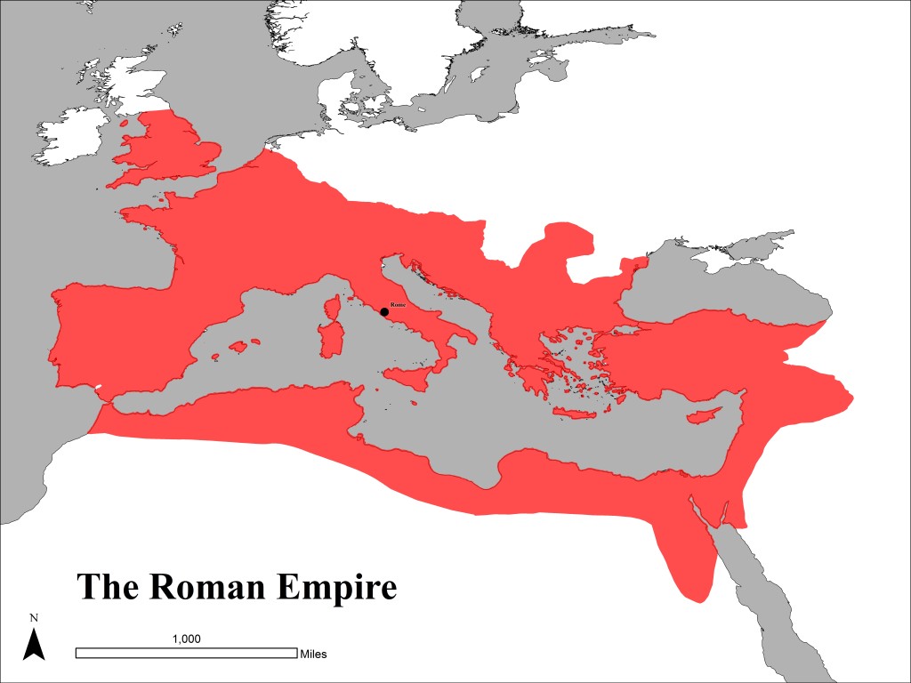 The extent of the Roman Empire during the 2nd Century AD.  Some maps extend the border of the empire to include Mesopotamia (the lands between the Tigris and the Euphrates).  That region was conquered by Trajan, but was held for only a few years before Trajan's successor Hadrian abandoned the conquests. 