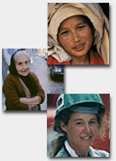 Multiple images of women: young woman of color with head covering, older woman with scarf, white woman construction worker