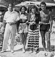 Candid of Irving Netcher, Norma Talmadge, Rosie Dolly, and Gilbert Roland  in Cannes, June 1930